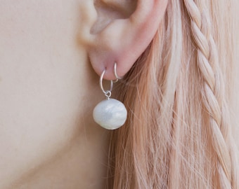 Pearl Huggie Hoop Earrings in Sterling Silver