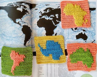 Crochet Pattern // 4 Map Granny Squares, Crochet Map, Crochet Continent, Africa, Australia, Antarctica, South America