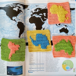 Crochet Patterns // 4 Map Granny Squares, Crochet Map, Crochet Continent, Africa, Australia, Antarctica, South America