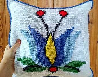 Crochet Pattern: Folk Tulip Pillow, Kashubian Folk Art Throw Pillow, Cottage core home decor (PDF Pattern)