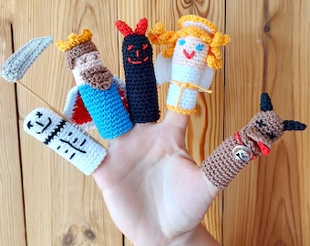 5 Crochet patterns: Carol Singers Finger Puppets, Death, Devil, King Herod, Angel, Bull characters to play on Halloween/Christmas and beyond