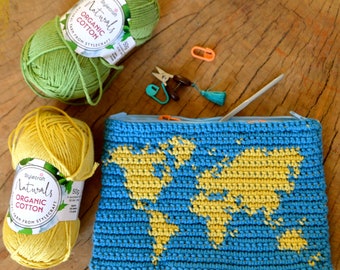 Crochet Pattern // Travel Pouch / Crochet Pouch Map Purse / Tapestry Crochet Clutch with Map