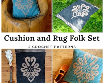 2 Crochet Patterns / Woolen Folk Rug and Throw Pillow,  Polish Folk Art Crochet, Alpine, Nordic, Rustic, Chalet decor, Parzenica, Highland