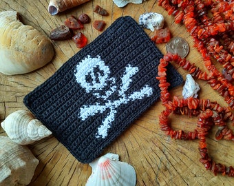 Crochet Pattern/ Jolly Roger Flag, Pirates, Skull and crossbones, Mug Rug, Crochet Applique,  Backpack Patch, Gift for Boy, instant download