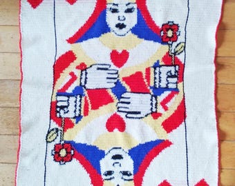 Crochet Pattern: Queen of Hearts blanket, tapestry crochet multicolor playing cards throw printable PDF, written pattern and chart