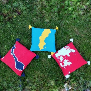 3 Crochet Patterns // 3 Pillow Covers, Map and Flag of Norway, Sweden, Denmark, Decorative Pillow, Scandinavian decor, Gift for Traveler