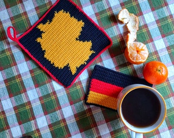 2 Crochet Patterns / German Flag and Map Set:  Map Potholder and Flag Mug Rug, German Gift, Kitchen Decor, Downloadable PDF patterns