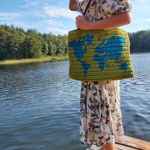 Crochet Pattern: World Map Tote Bag,  Sturdy Shoulder Bag, Back to School Gift, Geography Shopping Bag, Travel Lover, Tapestry crochet