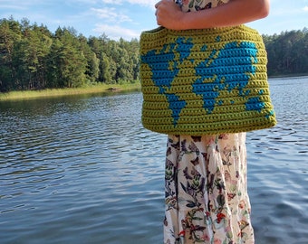 Crochet Pattern / World Map Tote Bag,  Sturdy Shoulder Bag, Back to School Gift, Geography Shopping Bag, Travel Lover, Tapestry crochet