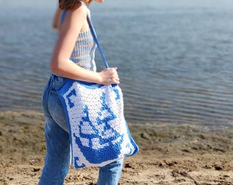 Crochet Pattern: Summer Shoulder Bag, Dutch Tiles c2c Beach bag, Marine Style comfy bag for sailors pdf pattern