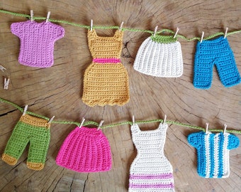 Crochet Pattern: Clothesline Bunting, Doll Size Garment Garland, Kids Room Decor, Laundry Room Decor, Garden decor, Party Bunting, PDF