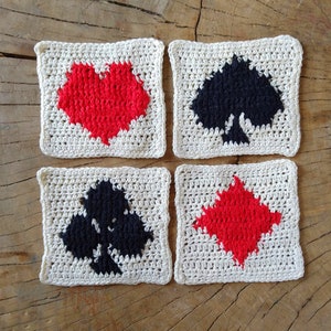 Crochet Patterns: 4 Playing Cards Squares, Crochet Square Motif, Heart, Diamond, Club, Spade, Crochet Applique, Backpack Patch, pdf pattern