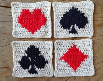Crochet Patterns: 4 Playing Cards Squares, Crochet Square Motif, Heart, Diamond, Club, Spade, Crochet Applique, Backpack Patch, pdf pattern