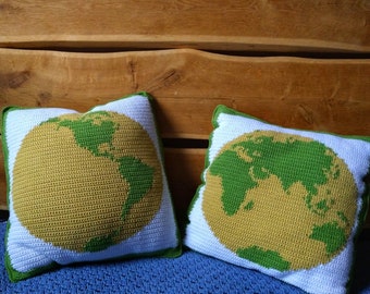 2 Crochet Patterns // Two Hemispheres Cushion Set / Map Cushion / Eastern and Western Hemisphere Throw Pillow