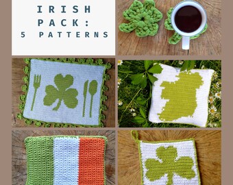 5 Crochet Patterns // Irish pattern pack: Shamrock Placemat, Potholder, Coaster, Ireland Map Pillow and Irish Flag Applique, St Patricks Day