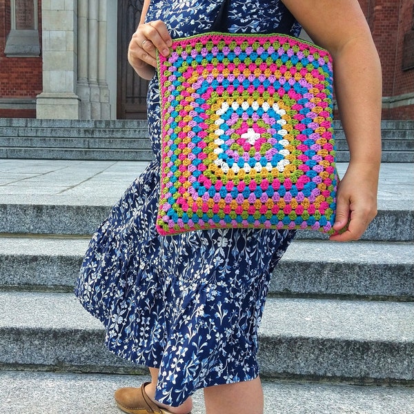 Crochet pattern // Granny Square Tote Bag with lining, Easy Boho Crochet Bag, Scrap Yarn Colorful Market Bag