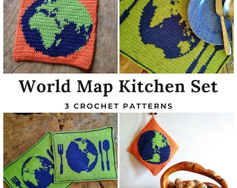 3 Crochet Patterns / World Map Kitchen Set: Potholder and 2 Placemats, Globe Crochet Pattern, Gift for Traveler, Map, Travel, Geography, PDF