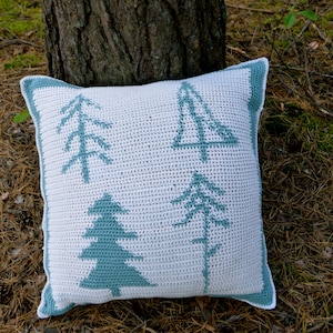 Crochet pattern: Forest Pillow, Christmas Throw Pillow, Cabin Home Decor, Rustic Decor, Woodland, Pine Tree Cushion