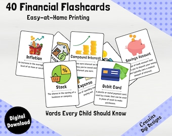 40 Printable Financial Education Flashcards, Financial Literacy for Kids, Elementary Middle Highschool Children, Digital Download,Montessori