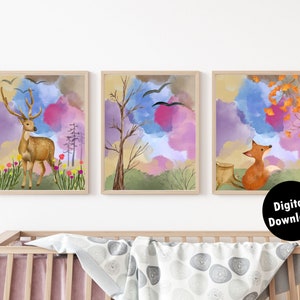 Watercolor Forest Wall Art, 3 Piece Nursery or Kids Room Printable, Also for Dining Room or Office, Nature Scene with Deer Foxes and Birds