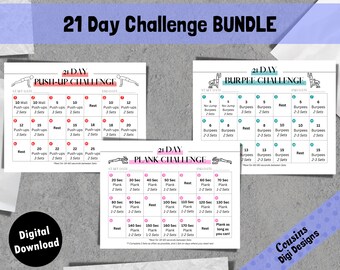 21 Day Fitness Challenge Bundle, 3 months of Exercise Challenges, Fitness Challenge Print, Printable at Home, Digital Download