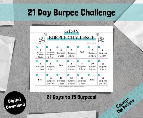 21 Day Burpee Challenge Fitness Challenge Print Printable at - Etsy