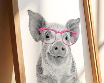 farm animal prints, animal with glasses, black and white animal, animal art print, printable wall art, affordable wall art, pig print