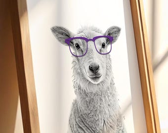 Farm Animal Print, Tier mit Brille, Animal Print, Schaf Druck, schwarz und weiß, druckbare Wandkunst, Tier mit Brille