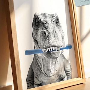 t rex, brushing teeth, bathroom art, bathroom wall art, printable wall art, dinosaur, tyrannosaurus rex, boy nursery decor, nursery decor