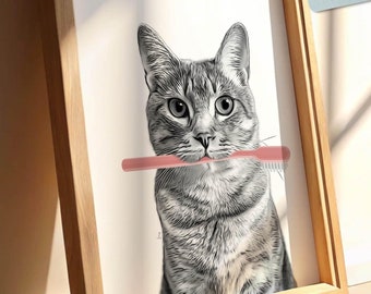 bathroom art, brushing teeth, cat print, cat art print, bathroom wall art, bathroom kids art, bathroom wall decor, toothbrush