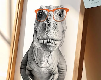 Lámina imprimible de T-Rex con gafas, decoración para habitación de niño, arte para habitación de bebé, ilustración de dinosaurio, descarga digital.