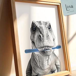 t rex, brushing teeth, bathroom art, bathroom wall art, printable wall art, dinosaur, tyrannosaurus rex, boy nursery decor, nursery decor