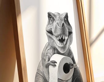 May include: Framed black and white print of a Tyrannosaurus Rex holding a toilet roll. The dinosaur is smiling, with its teeth on display. The frame is light brown wood, and the print is propped against a wall.