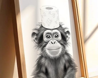 bathroom art, monkey, toilet paper, bathroom wall art, bathroom kids art, bathroom decor, bathroom wall decor, animal art, toilet