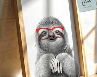 sloth, sloth gifts, printable art, wall art printable, modern art print, animal with glasses, black and white animal, animal art print