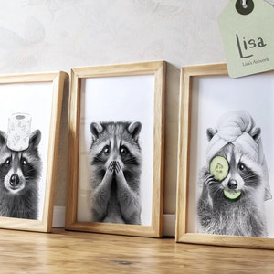 Set of 3 Raccoon Bathroom Prints, Whimsical Animal Wall Art, Kids Bathroom Decor, Funny Bathroom Wall Art, Digital Download