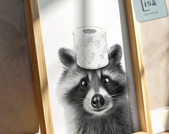 bathroom art, raccoon, toilet paper, bathroom wall art, bathroom kids art, bathroom decor, bathroom wall decor, animal art, toilet