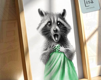 May include: A black and white illustration of a raccoon holding a green blanket. The raccoon has a surprised expression on its face. The artwork is framed in a light wood frame.