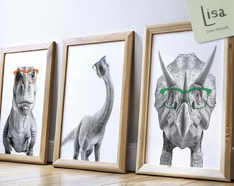 dinosaur decor, set of 3 prints, dinosaur nursery, dinosaur art, boy nursery decor, t rex, triceratops, tyrannosaurus rex, apatosaurus