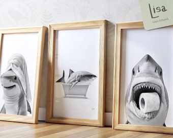 Set di 3 stampe digitali a tema squalo per il bagno - Decorazioni murali stampabili, arte per il bagno, decorazioni per la casa al mare (download digitale)