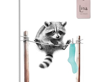 Adorable Raccoon Balancing on Clothesline - Laundry Room Printable Wall Art / wall decor, laundry room art, laundry room decor
