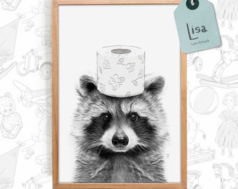 bathroom art, raccoon, toilet paper, bathroom wall art, bathroom kids art, bathroom decor, bathroom wall decor, animal art, toilet