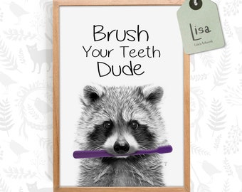 bathroom art, brushing teeth, raccoon, bathroom wall art, bathroom kids art, bathroom wall decor, toothbrush, Brush your teeth
