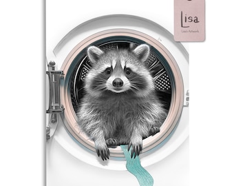Whimsical Raccoon in the Washing Machine Printable Wall Art for Laundry Room Decor / wall decor, laundry room art, laundry room decor