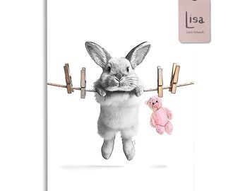 Adorable Bunny Balancing on Clothesline - Laundry Room Printable Wall Art / wall decor, laundry room art, laundry room decor
