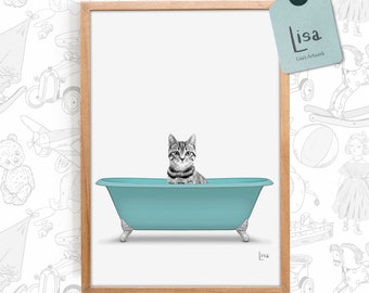 bathroom art, cat print, cat in the tub, cat art print, bathroom wall art, bathroom kids art, bathroom decor, bathroom wall decor, posters