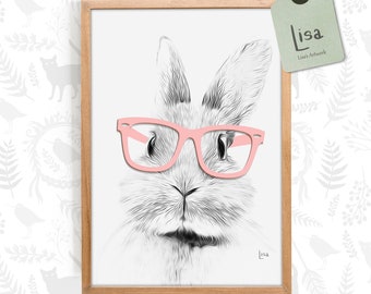 bunny print nursery, farm animal prints, animal with glasses, black and white animal art print, printable wall art, bunny art, woodland