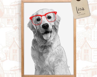 Golden Retriever Print, dog prints, dog art print, dog with glasses, animal nursery art, animal wall art, animal print, nursery animal