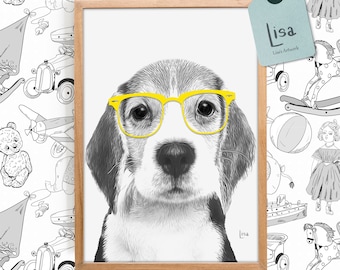 beagle art, dog prints, dog art print, dog with glasses, animal nursery art, animal wall art, animal print, nursery animal