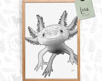 axolotl, woodland animals, woodland nursery, animals, animal art, woodland decor, animal, black and white, nursery art, printable art